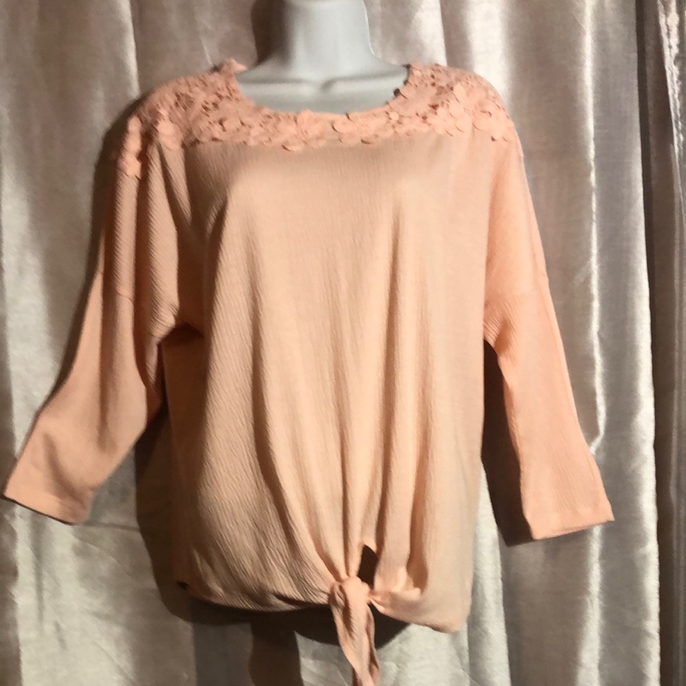 Elle Peach Floral Women's Top Tie Front Long Sleeves Size XS